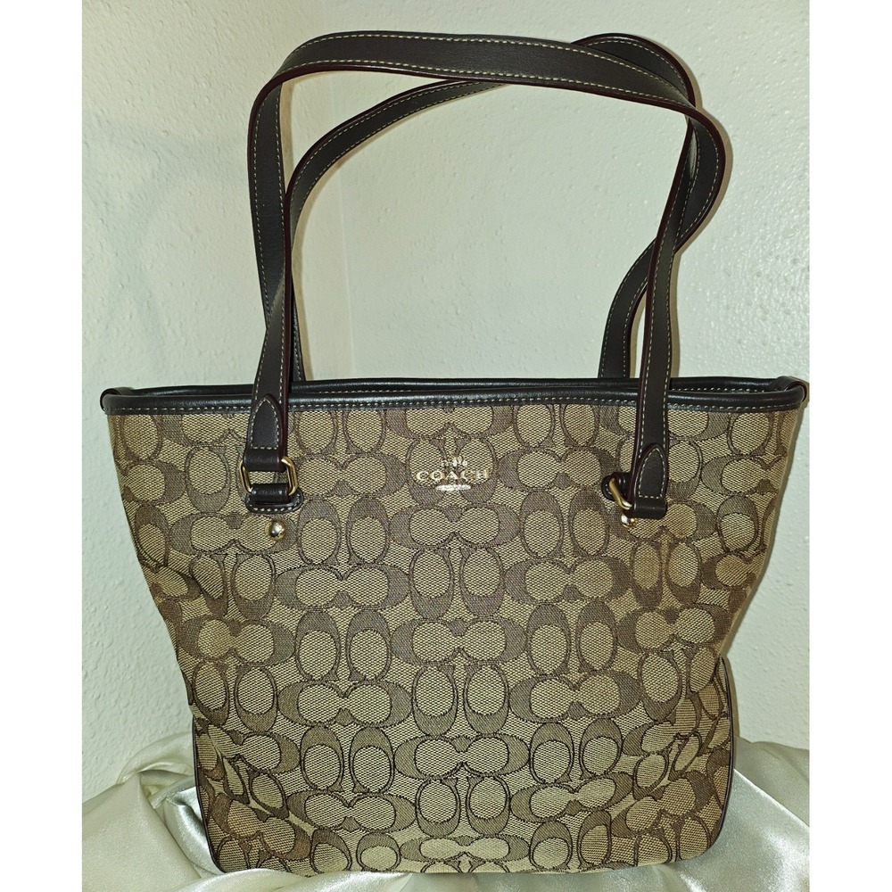 Coach Tote Signature‎ "C" Jacquard/Leather/ Beige/Brown/Gold accents